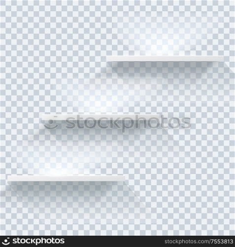 Empty white shelves with lighting effecton transparent background. Front view of realistic, voluminous racks with a shadow. Can be used for interier design or step lines, number levels.