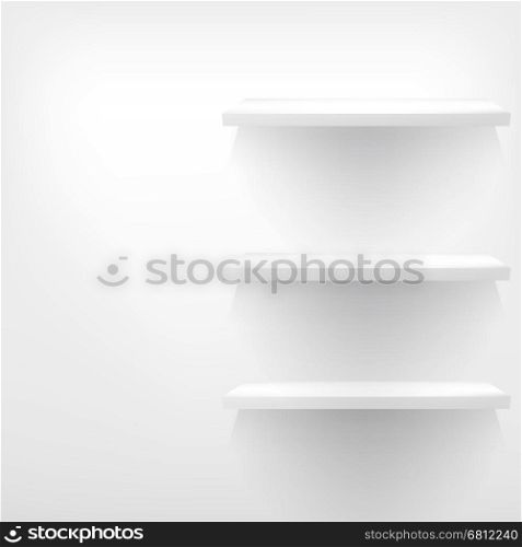 Empty white wooden shelf at the wall with copy space. EPS 10. Empty white wooden shelf at the wall.