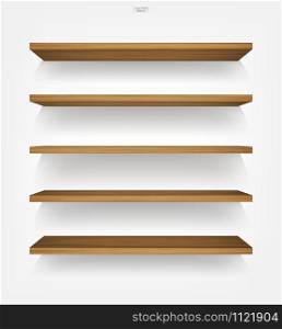 Empty wood shelf on white background with soft shadow. 3D empty wooden shelves on white wall. Vector illustration.