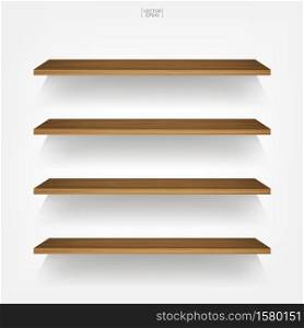 Empty wood shelf on white background with soft shadow. Vector illustration.