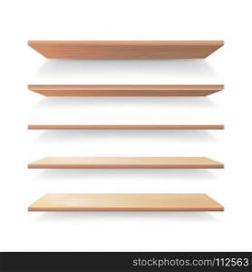 Empty Wood Shelves Template Vector Set. Empty Wood Shelves Template Vector Set. Realistic 3D Retail Store Wooden Shelves Set