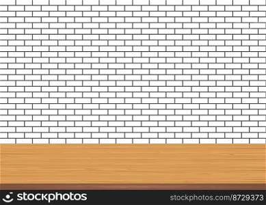 Empty wood table top on brick white wall background