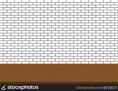 Empty wood table top on brick white wall background. Vector illustration