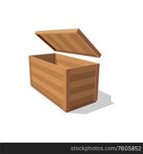 Empty wooden box with cover isolated distribution container. Vector shipment pack of timbers. Distribution box with cover of wooden timbers