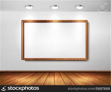 Empty wooden frame on a wall with spotlights and wooden floor. Vector illustration.