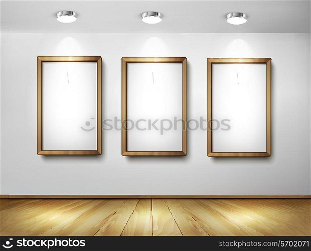 Empty wooden frames on wall with spotlights and wooden floor. Vector illustration.