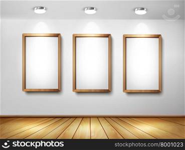 Empty wooden frames on wall with spotlights and wooden floor. Vector illustration.