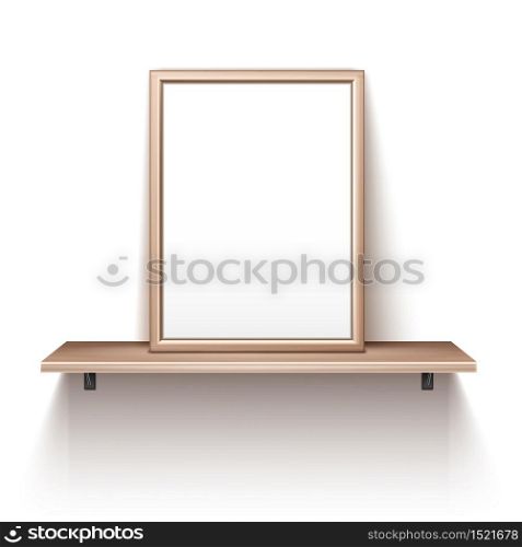 Empty wooden photo frame standing on shelf. Vector realistic mockup of interior decoration with blank picture with wood border. Bookshelf with image frame for home, gallery or office. Empty photo frame standing on wooden shelf