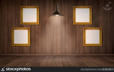 Empty wooden room with blank picture frames and ceiling l&. Vector realistic interior with floor and wall of natural dark wood and hanging light bulb. Vintage design of house or gallery studio. Interior of wooden room with frames and l&