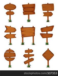 Empty wooden round and square signpost standing in grass. Vector illustration set. Various wooden plywood signpost, wooden guidepost or billboard. Empty wooden round and square signpost standing in grass. Vector illustration set