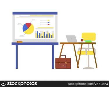 Empty work place, table with laptop on top, cup of coffee and books. Chair and briefcase, board with statistical data, diagrams and charts, vector isolated furniture. Empty Work Place, Table with Laptop on Top, Cup