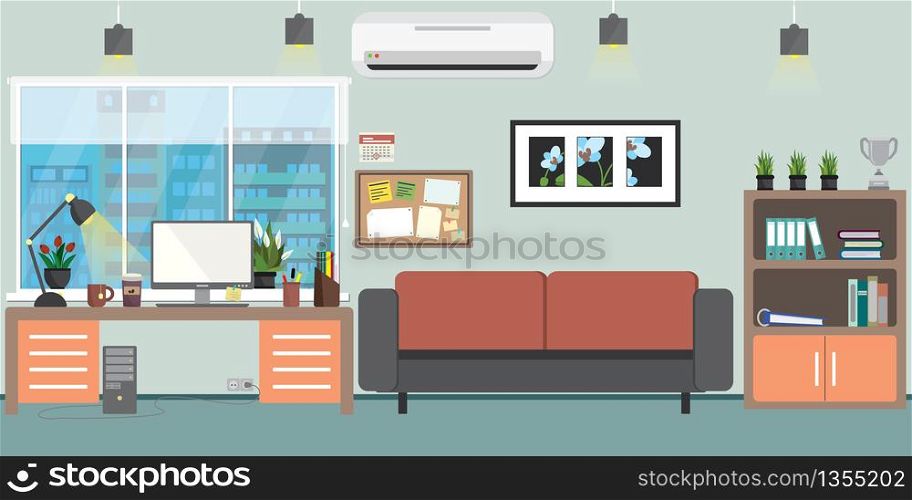 Empty Workplace in Modern office or cabinet in the house,interior with furniture and plants,flat vector illustration