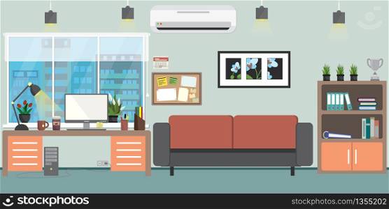 Empty Workplace in Modern office or cabinet in the house,interior with furniture and plants,flat vector illustration