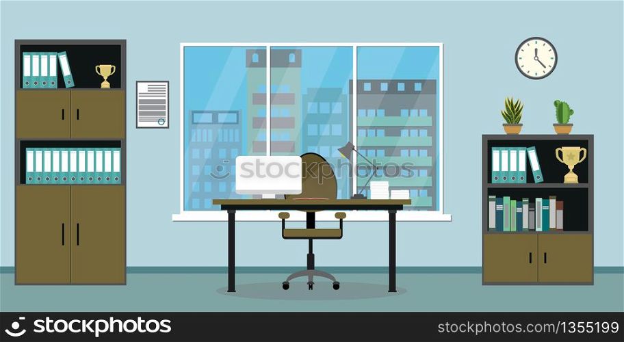 Empty workplace,modern interior of business workspace,window with cityscape view,flat vector illustration