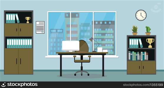 Empty workplace,modern interior of business workspace,window with cityscape view,flat vector illustration