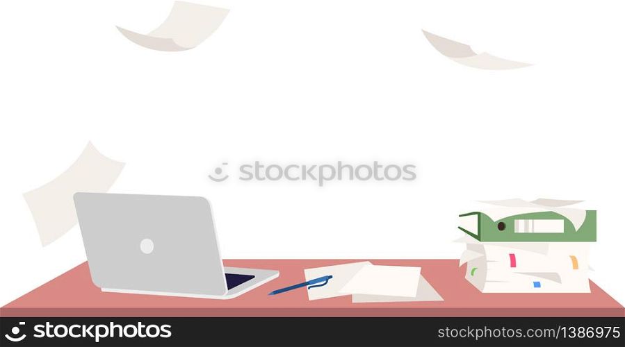 Empty workplace semi flat RGB color vector illustration. Overloaded office desk with no people isolated cartoon composition on white background. Unorganized personal workspace with absent employee. Empty workplace semi flat RGB color vector illustration