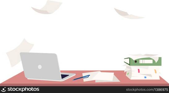 Empty workplace semi flat RGB color vector illustration. Overloaded office desk with no people isolated cartoon composition on white background. Unorganized personal workspace with absent employee. Empty workplace semi flat RGB color vector illustration