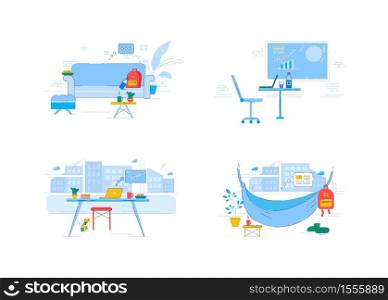 Empty workspace semi flat RGB color vector illustrations set. Working remotely from home and in office. Formal and comfortable workplaces isolated cartoon interiors pack on white background. Empty workplaces semi flat RGB color vector illustration