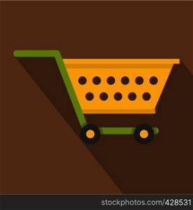 Empty yellow supermarket cart icon. Flat illustration of empty yellow supermarket cart vector icon for web isolated on coffee background. Empty yellow supermarket cart icon, flat style
