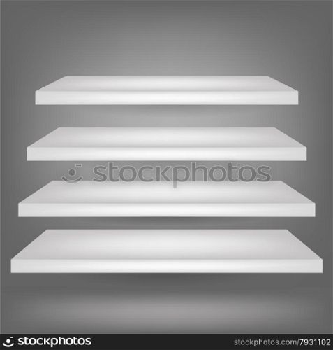 Emrty Shelves Isolated on Grey Background. Four White Realistic Shelves.. Emrty Shelves