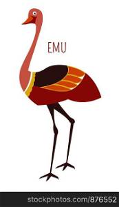 Emu ostrich cartoon funny cute bird from vector Australian or New Zealand animals zoo collection for kids T-shirt clothes print. Emu ostrich cartoon vector bird from Australia