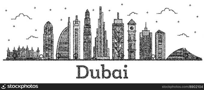 En`d Dubai UAE City Skyli≠with Modern Buildings Isolated on White. Vector Illustration. Li≠Art Dubai Cityscape with Landmarks.