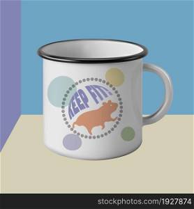 Enamel mug & Hamster in a wheel. Keep fit. Print. Example of filling the layout. Mock up. Vector illustration. Isolated chromatic background. 3D rendering