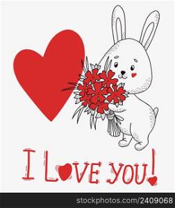 Enamored Cute rabbit with bouquet of flowers, big heart and text - I love you. Vector illustration in style of hand drawn linear doodles. Funny animal for design and decoration, Valentines Day cards