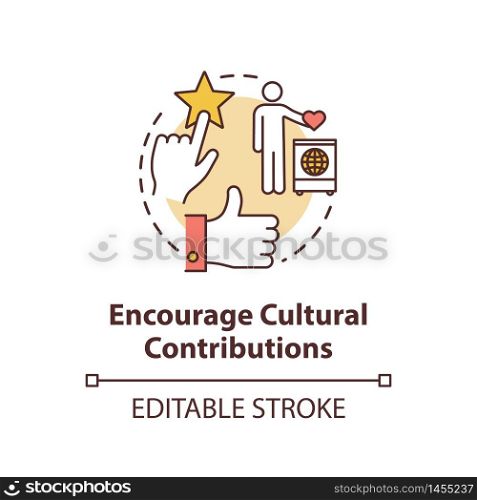 Encourage cultural contribution concept icon. Multi racial group. Multi ethnic community. Cultural diversity idea thin line illustration. Vector isolated outline RGB color drawing. Editable stroke. Encourage cultural contribution concept icon