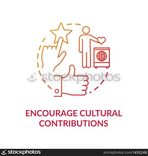 Encourage cultural contribution red concept icon. Multi racial group. Multi ethnic community. Cultural diversity idea thin line illustration. Vector isolated outline RGB color drawing. Encourage cultural contribution red concept icon