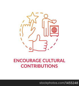 Encourage cultural contribution red concept icon. Multi racial group. Multi ethnic community. Cultural diversity idea thin line illustration. Vector isolated outline RGB color drawing. Encourage cultural contribution red concept icon