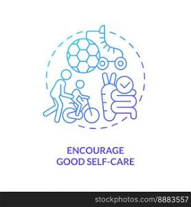 Encourage good self care blue gradient concept icon. Healthy habits. Peaceful child parenting tip abstract idea thin line illustration. Isolated outline drawing. Myriad Pro-Bold font used. Encourage good self care blue gradient concept icon