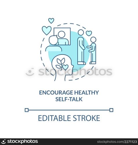 Encourage healthy self-talk turquoise concept icon. Positive thinking skills abstract idea thin line illustration. Isolated outline drawing. Editable stroke. Arial, Myriad Pro-Bold fonts used. Encourage healthy self-talk turquoise concept icon