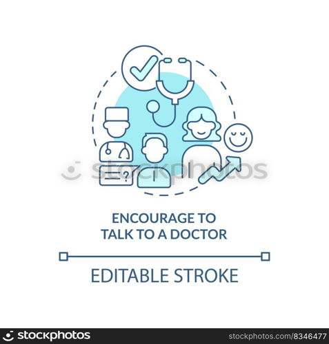 Encourage patients engagement blue concept icon. Healthcare habits. Visiting doctor abstract idea thin line illustration. Isolated outline drawing. Editable stroke. Arial, Myriad Pro-Bold fonts used
. Encourage patients engagement blue concept icon