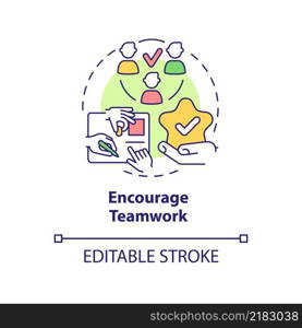 Encourage teamwork concept icon. Improving employee motivation abstract idea thin line illustration. Regular team meeting. Isolated outline drawing. Editable stroke. Arial, Myriad Pro-Bold fonts used. Encourage teamwork concept icon