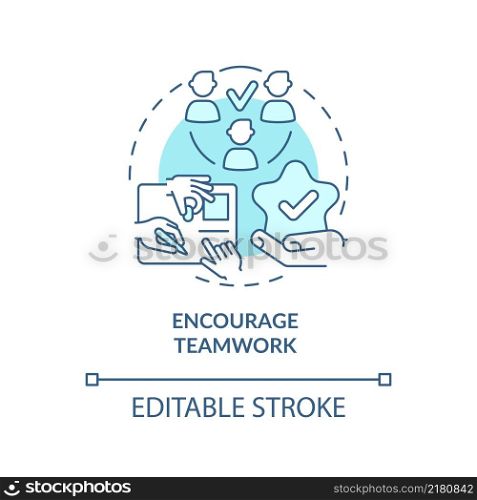 Encourage teamwork turquoise concept icon. Team-building events abstract idea thin line illustration. Staff meeting. Isolated outline drawing. Editable stroke. Arial, Myriad Pro-Bold fonts used. Encourage teamwork turquoise concept icon