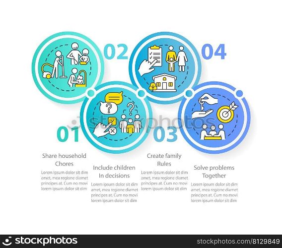 Encouraging teamwork blue circle infographic template. Family relationship. Data visualization with 4 steps. Process timeline info chart. Workflow layout with line icons. Myriad Pro-Regular font used. Encouraging teamwork blue circle infographic template