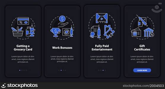 Encouraging vaccination onboarding mobile app page screen. Work bonuses walkthrough 4 steps graphic instructions with concepts. UI, UX, GUI vector template with linear night mode illustrations. Encouraging vaccination onboarding mobile app page screen