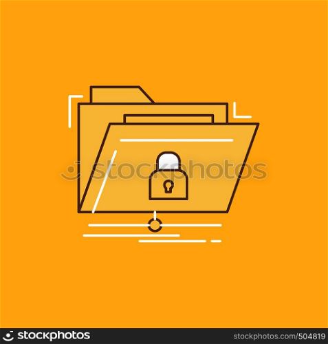 encryption, files, folder, network, secure Flat Line Filled Icon. Beautiful Logo button over yellow background for UI and UX, website or mobile application. Vector EPS10 Abstract Template background
