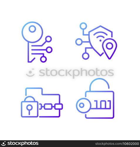 Encryption technologies pixel perfect gradient linear vector icons set. Ransomware. Data decryption. Cryptography. Thin line contour symbol designs bundle. Isolated outline illustrations collection. Encryption technologies pixel perfect gradient linear vector icons set