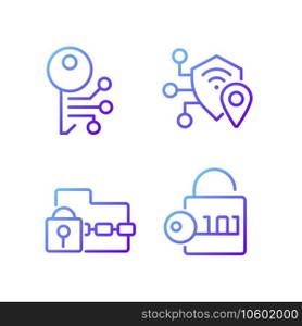 Encryption technologies pixel perfect gradient linear vector icons set. Ransomware. Data decryption. Cryptography. Thin line contour symbol designs bundle. Isolated outline illustrations collection. Encryption technologies pixel perfect gradient linear vector icons set