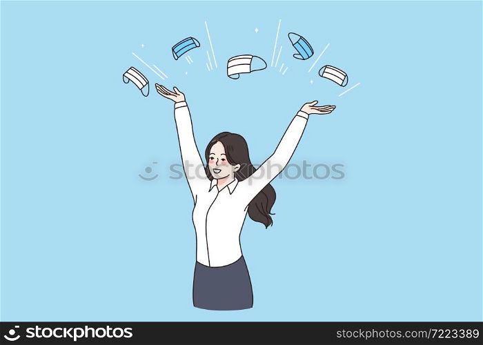 End of coronavirus pandemic concept. Young smiling woman standing and throwing away protective medical masks feeling excited vector illustration . End of coronavirus pandemic concept
