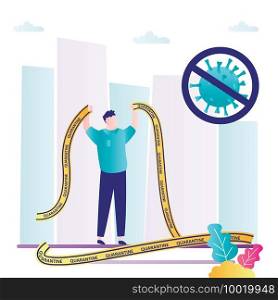 End of quarantine. Happy man holding pieces of yellow warning tape. Coronavirus stopped, Viral infection Covid-19 does not spread. Healthcare banner. Flat Trendy Vector illustration