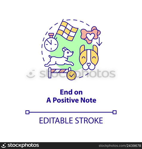 End on positive note concept icon. Obedience training for puppy abstract idea thin line illustration. Maximize dog success. Isolated outline drawing. Editable stroke. Arial, Myriad Pro-Bold fonts used. End on positive note concept icon