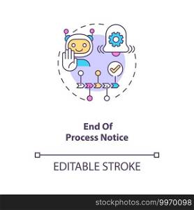 End process notice concept icon. M2M communication type idea thin line illustration. Receiving notifications for predictive maintenance. Vector isolated outline RGB color drawing. Editable stroke. End process notice concept icon