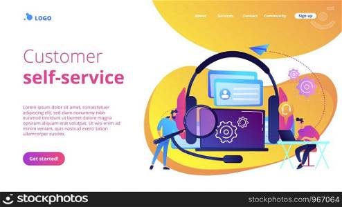End user with magnifier finding information in laptop with headset. Customer self-service, e-support system, electronic customer support concept. Website vibrant violet landing web page template.. Customer self-service concept landing page.