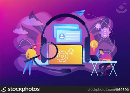 End user with magnifier finding information in laptop with headset. Customer self-service, e-support system, electronic customer support concept. Bright vibrant violet vector isolated illustration. Customer self-service concept vector illustration.