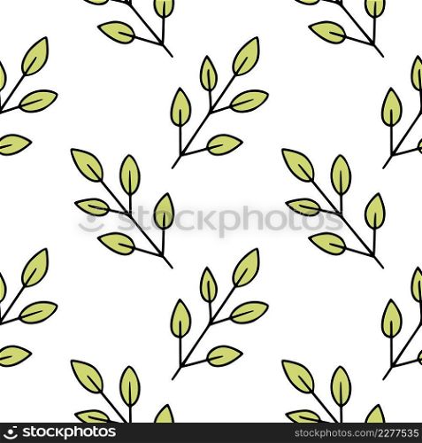 Endless background with green twigs. Spring flowers on a white background. Wallpaper for sewing clothes, printing on fabric and packaging paper.