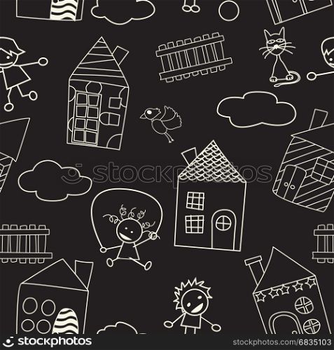 Endless chalk board pattern with playing children and houses