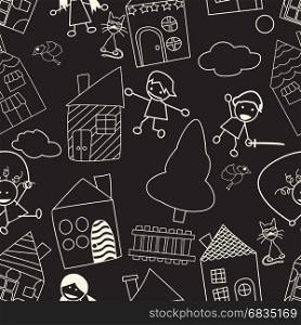 Endless chalk board pattern with playing children and houses